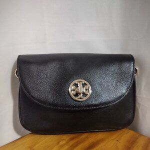 TORY BURCH Black Leather Crossbody With Turquoise Fabric Lining